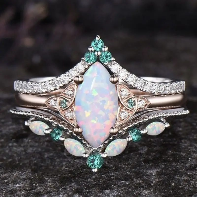 Green Crystal White Opal Crown Ring