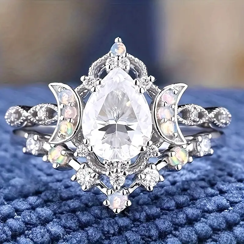 White Drop Glass Silver Ring