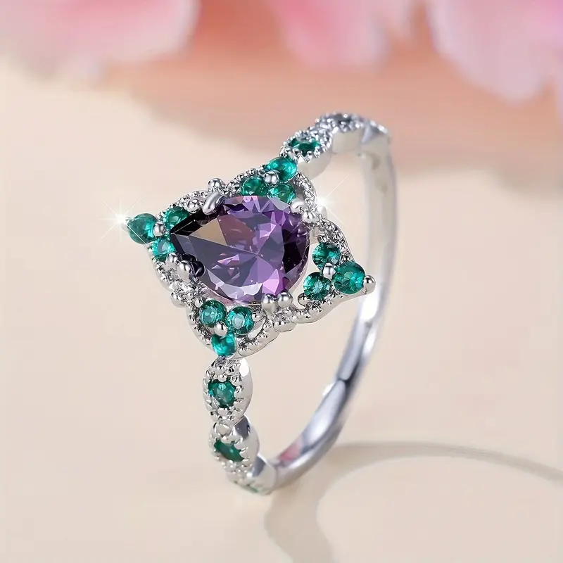Green & Violet Round Zirconia Silver Ring