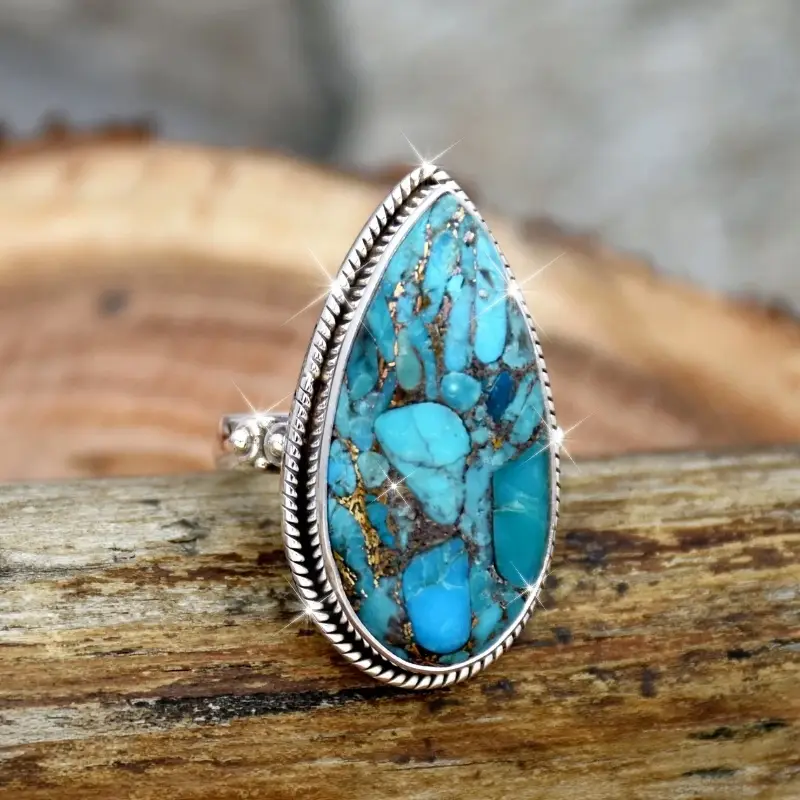 Drop Blue Stone Silvered Ring