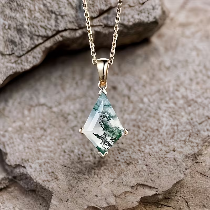 Moss Agate Geometric Drop Necklace