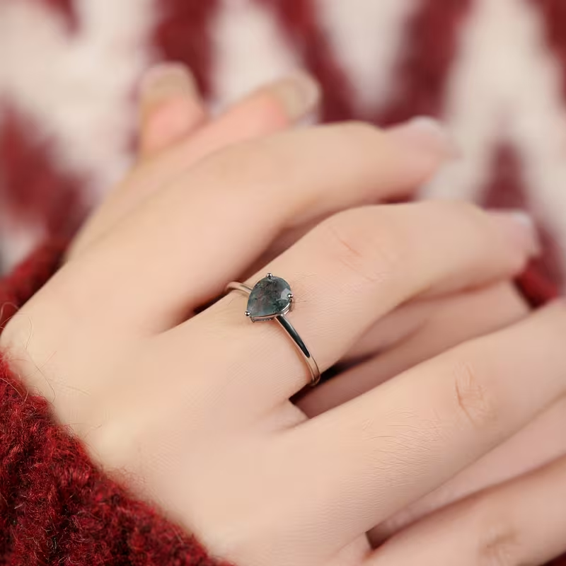 Moss Agate Stone Drop Silver Ring