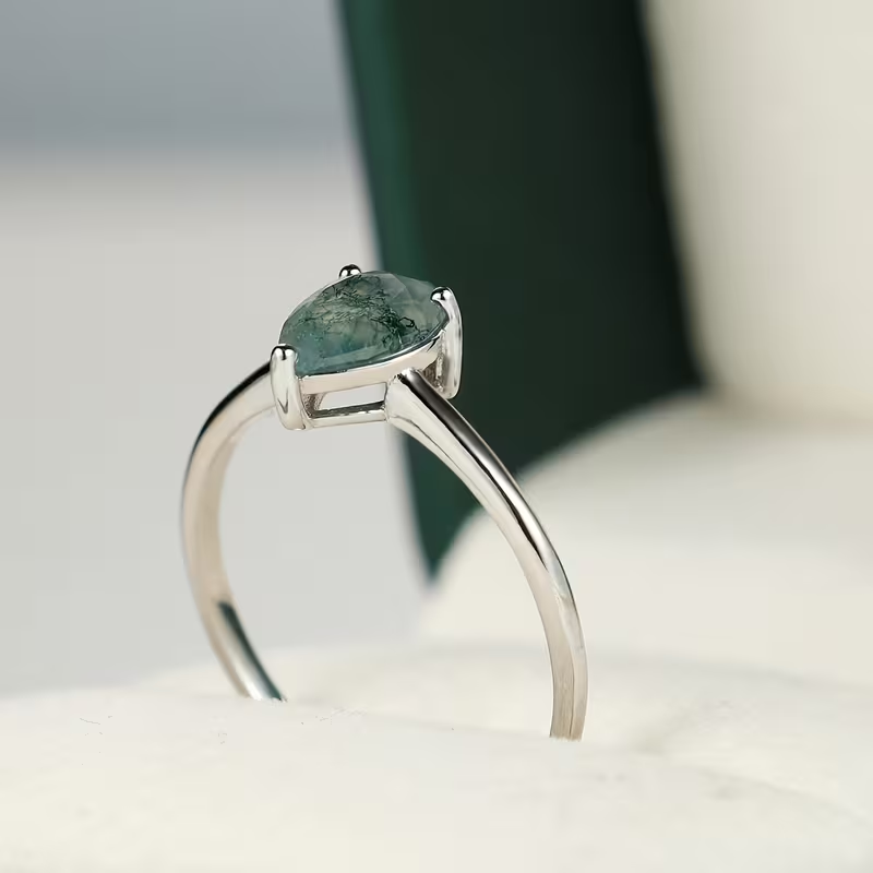 Moss Agate Stone Drop Silver Ring