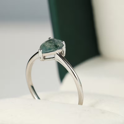 Moss Agate Stone Drop Silver Ring