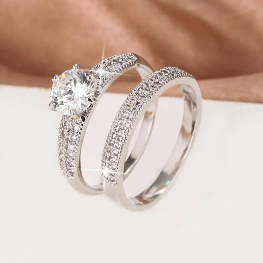 Couple Zirconia Silver Ring Set