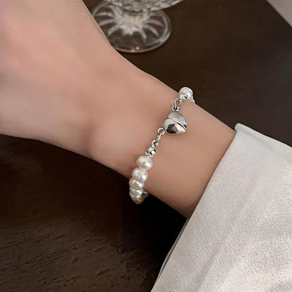 Magnetic Heart Pearl Choker Necklace and Bracelet