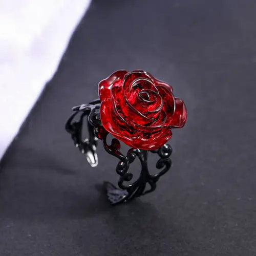 Adjustable Black Red Rose Ring