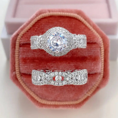 White Round Glass Silver Ring Set