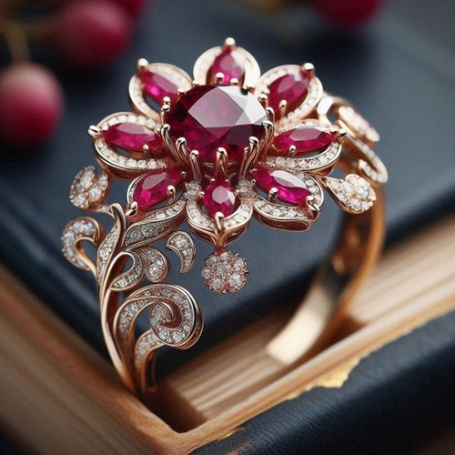 Exotic Red Flower Gold Ring
