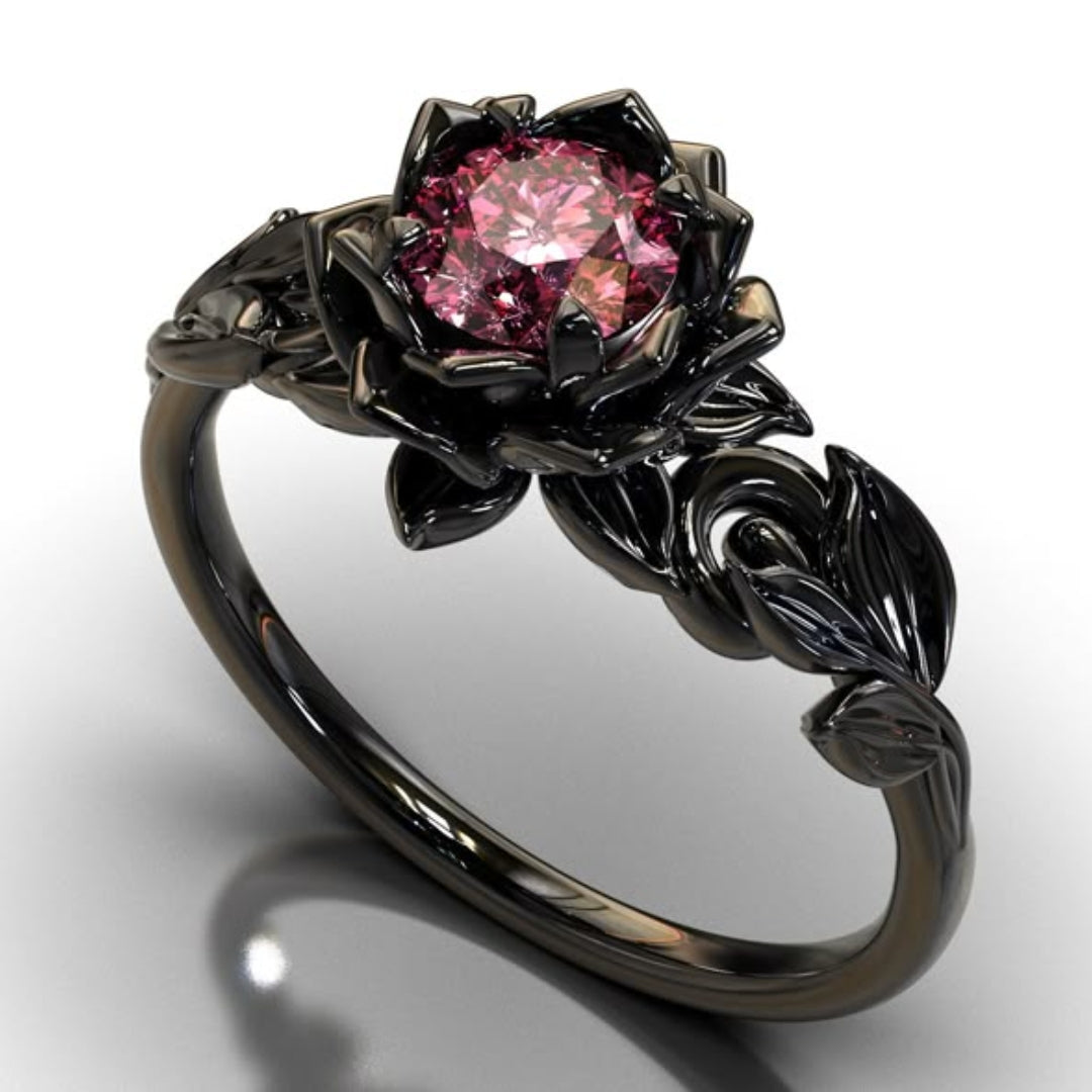 Exotic Red Crystal Flower Black Ring