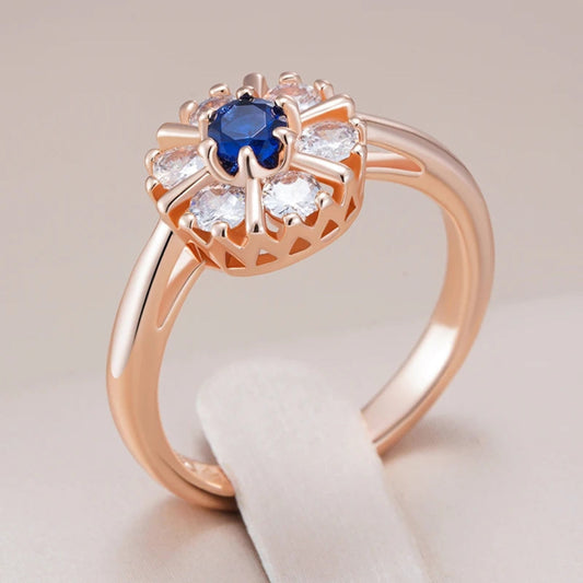 Elegant Rounded Blue Crystal Gold Ring