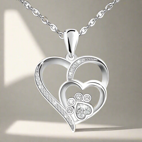 Sterling Silver Paw & Heart Necklace with Zirconia