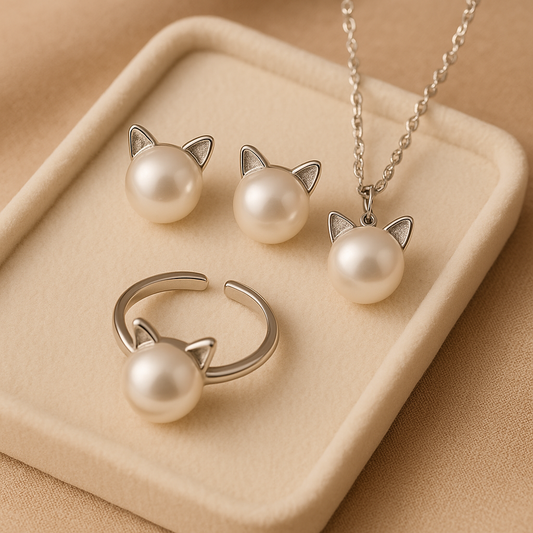 Beautiful Pearl Cat Necklace with Bonus Earrings + Ring