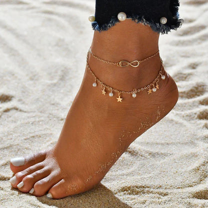 Infinity Anklet Bracelet + Pearls and Stars | White Gold