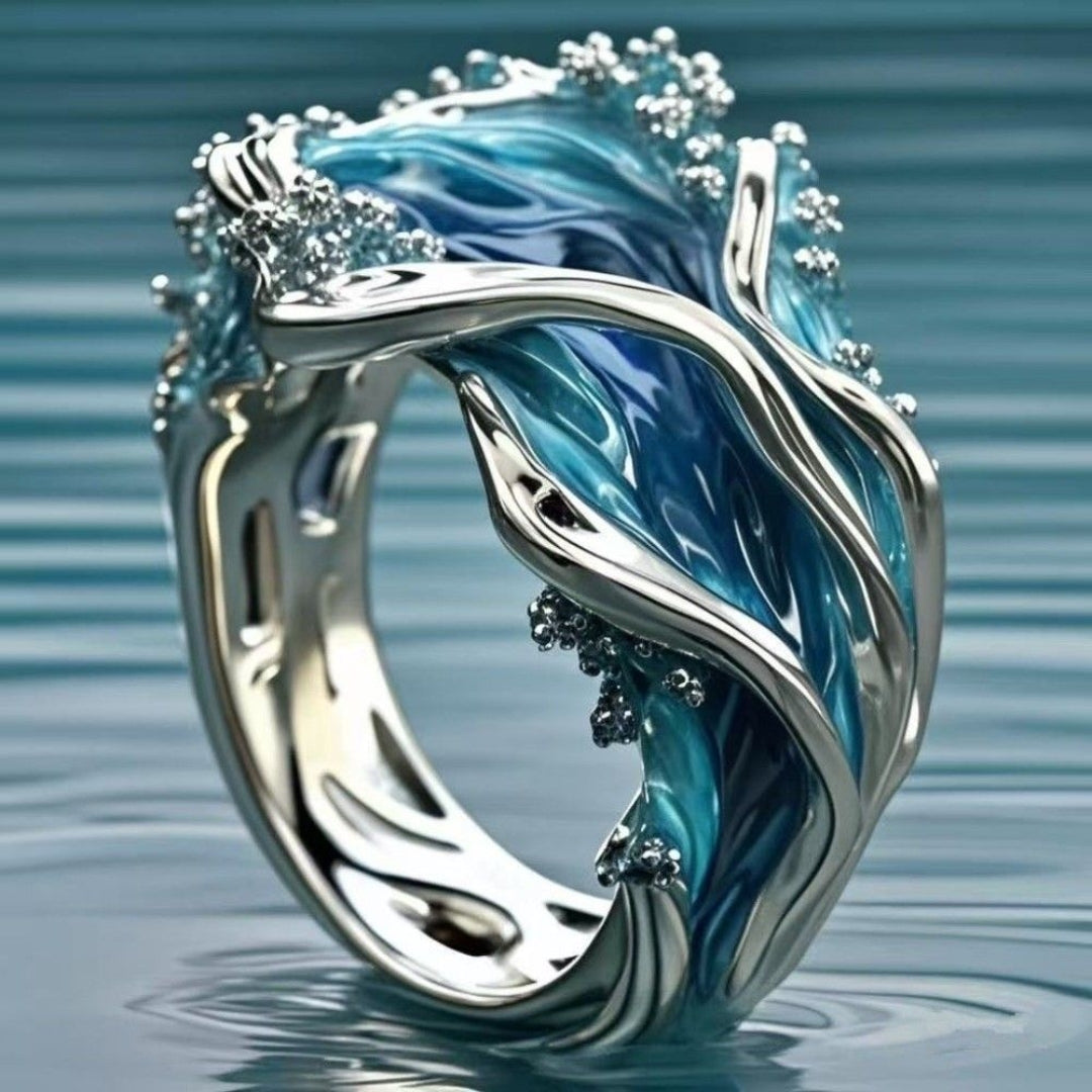 Exotic Light Blue Ocean Wave Ring